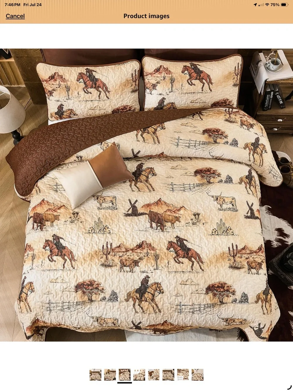 Western Cowboy Bronco Horse Ranch Print Quilt Set Beige & Brown Queen